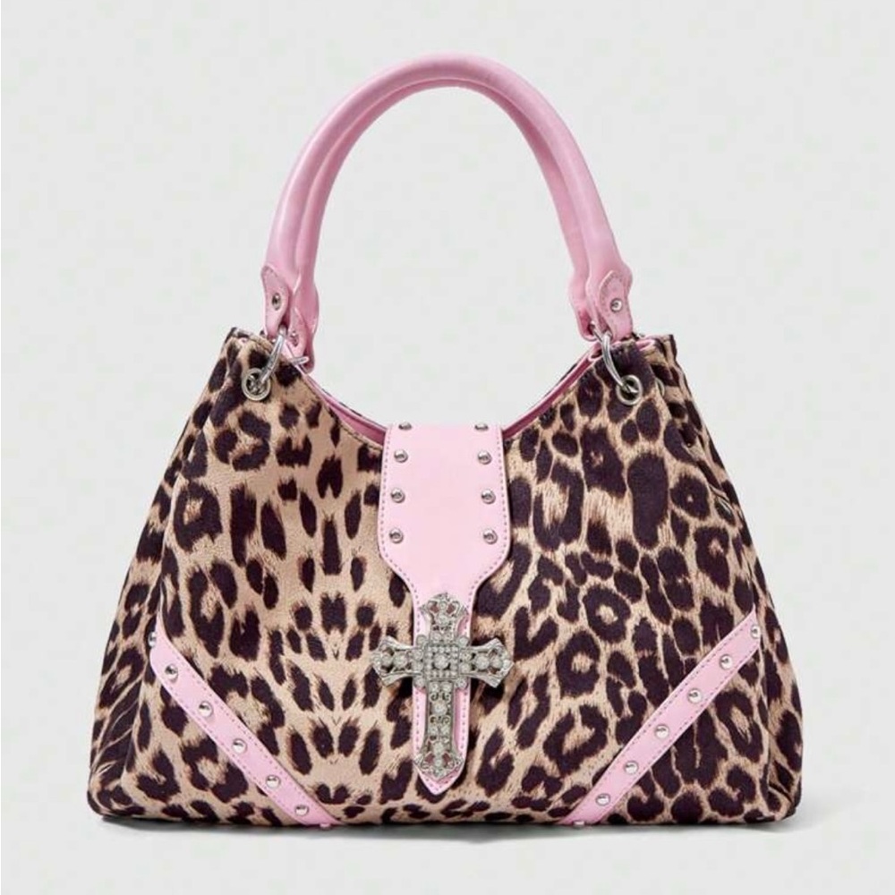 Pink Leopard Print Satchel Handbag with Rhinestone Cross